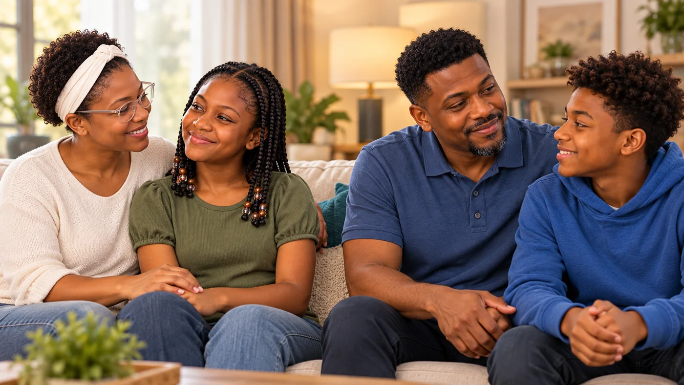 Christian family portrait showing parents and teenagers together