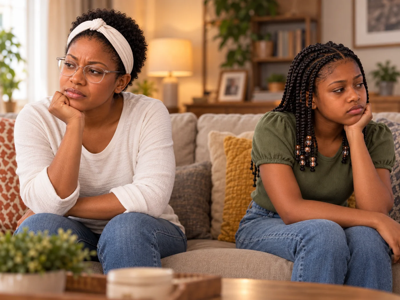 Mother and teenage daughter sitting in emotional tension on a sofa