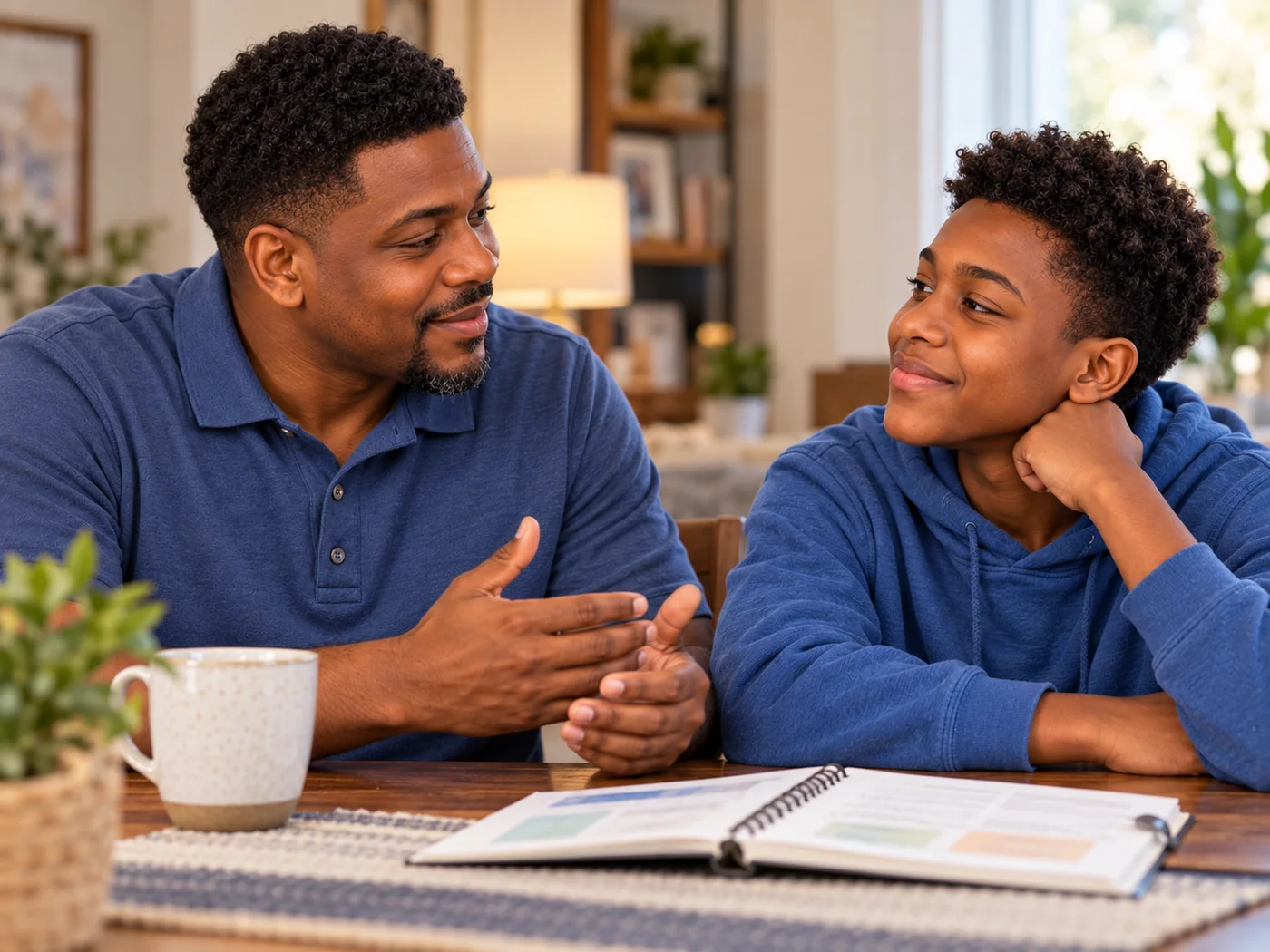 Father and teenage son having a warm, encouraging conversation