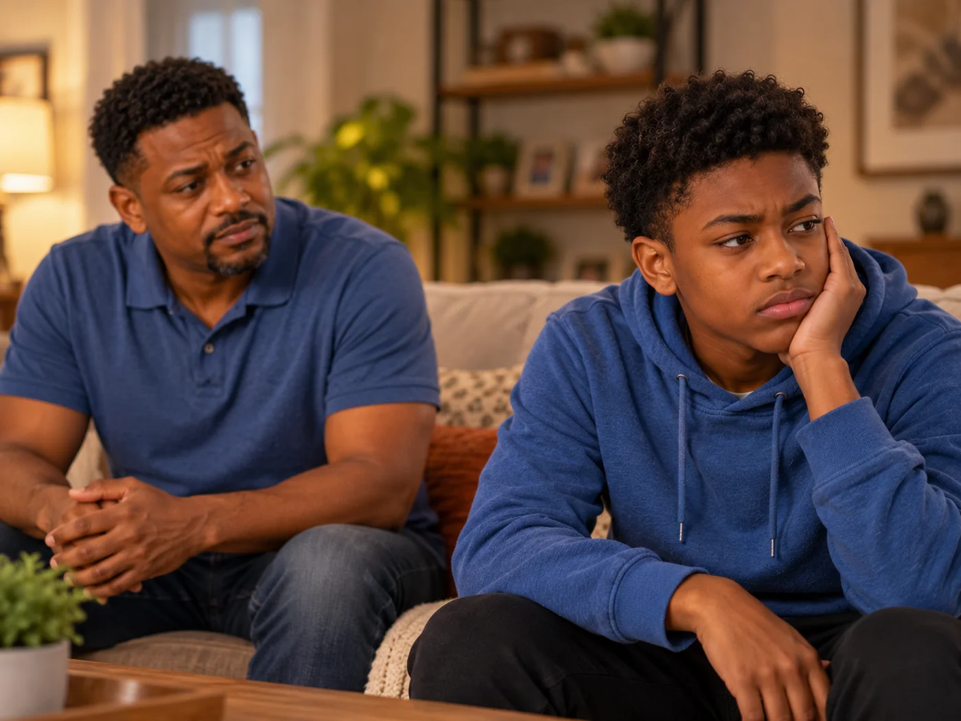 Father and teenage son in a tense emotional moment at home