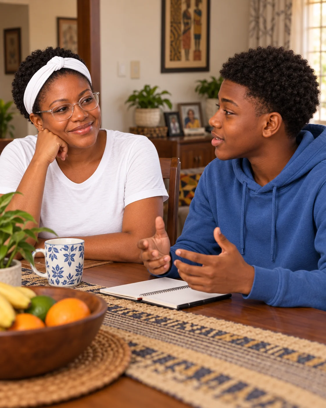 Mother and son reconnecting with warmth and hope